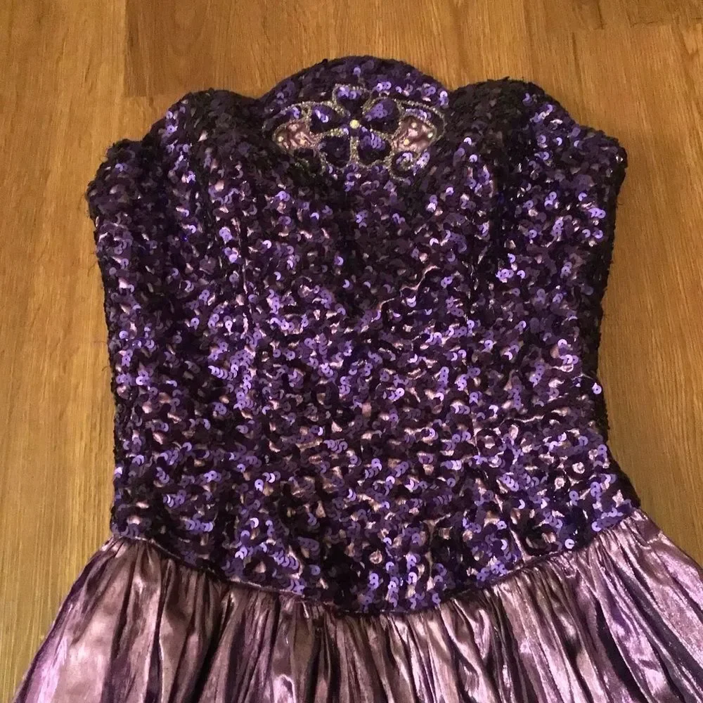 Vintage 1980s Mike Benet Beaded Sequin Taffeta Metallic Prom Formal Dress